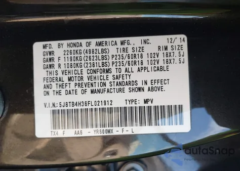 2015 Acura Rdx from USA, damaged, VIN 5J8TB4H36FL021912